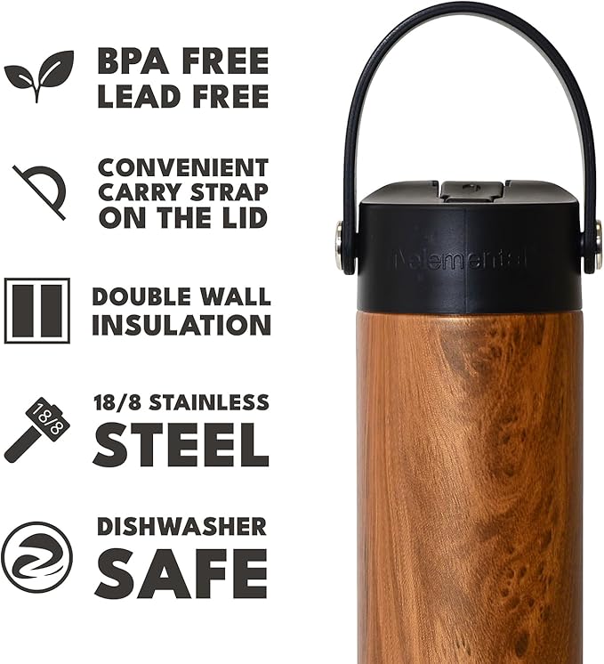 Elemental 24oz Insulated Water Bottle with Straw - 100% Leak-Proof Stainless Steel Core Water Bottles for Travel, Sports and Gym - Double Wall Insulation & BPA Free - Teak Wood