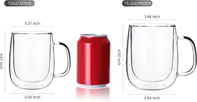 CNGLASS Glass Coffee Mugs 12oz,Double Wall Insulated Mug Set with Handle,Clear Glass Espresso Mugs for Latte,Cappuccino,Tea Bag,Hot and Cold Beverages,Set of 4