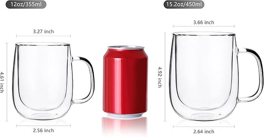 CNGLASS Glass Coffee Mugs 12oz,Double Wall Insulated Mug Set with Handle,Clear Glass Espresso Mugs for Latte,Cappuccino,Tea Bag,Hot and Cold Beverages,Set of 4