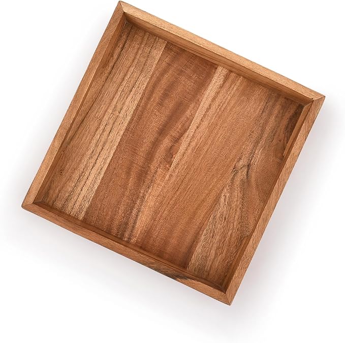 Samhita Acacia Wood Serving Tray with Handles,Wooden Serving Tray, Snack Tray, Breakfast Tray, Great for, Breakfast, Coffee |Size- 10" x 10" x 1.75"