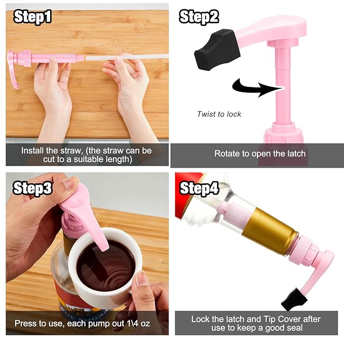 Patelai 5 Pcs Pink Syrup Pump with Tip Cover Bottle for No Spill Flavored Skinny Blueberry Coffee Syrup Pump Dispenser Fits 750ml Bottles for Vanilla Caramel Chocolate Coconut Sauce