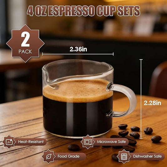 Adorever Espresso Cups Set of 2, 4oz Double Spout Shot Glasses with Handle - Clear Glass Milk Cup for Espresso, Latte Art & Cappuccino - Barista Tools & Home Coffee Machine