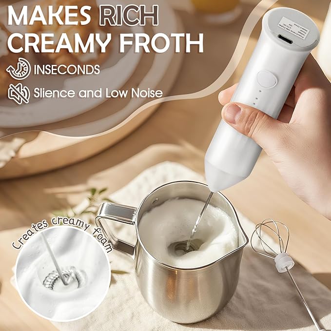 Powerful Milk Frother - Electric Handheld Milk Frother with Stand, Milk Jug and 2 Stainless Steel Blenders, Rechargeable 3 Speed Coffee Latte Cappuccino Matcha (White)