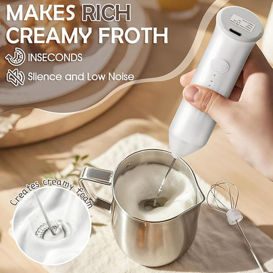 Powerful Milk Frother - Electric Handheld Milk Frother with Stand, Milk Jug and 2 Stainless Steel Blenders, Rechargeable 3 Speed Coffee Latte Cappuccino Matcha (White)