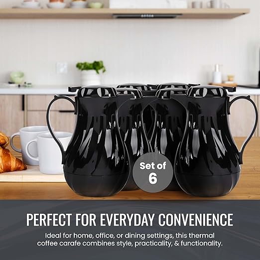 OCS Parts Set of 6 Easy Pour Thermal Coffee Carafes | 11-Inch Insulated Hot and Cold Beverage Pitcher Server for Coffee, Tea, Hot Chocolate and Water | 64-Ounce | Black