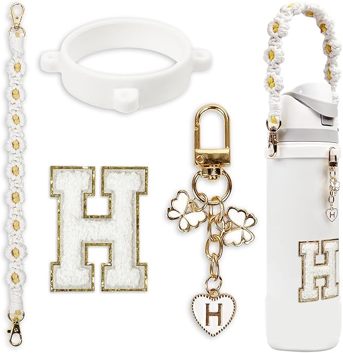 Compatible with Owala Water Bottle Accessories, Cute Letter Charm Set with Boho Handle Strap, Monogram Sticker, Silicone Ring, Keychain Decoration, for FreeSip 24 32 40oz, Owala Kids, Tumbler Gift