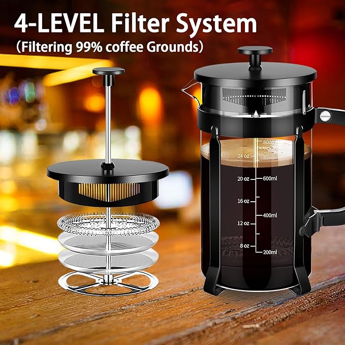 YMMIND French Press Coffee Maker 304 Stainless Steel Coffee Press,with 4 Filters System, Heat Resistant Thickness Borosilicate French Press Glass, BPA-Free Brewed Tea Pot Coffee Plunger(Copper 12oz)