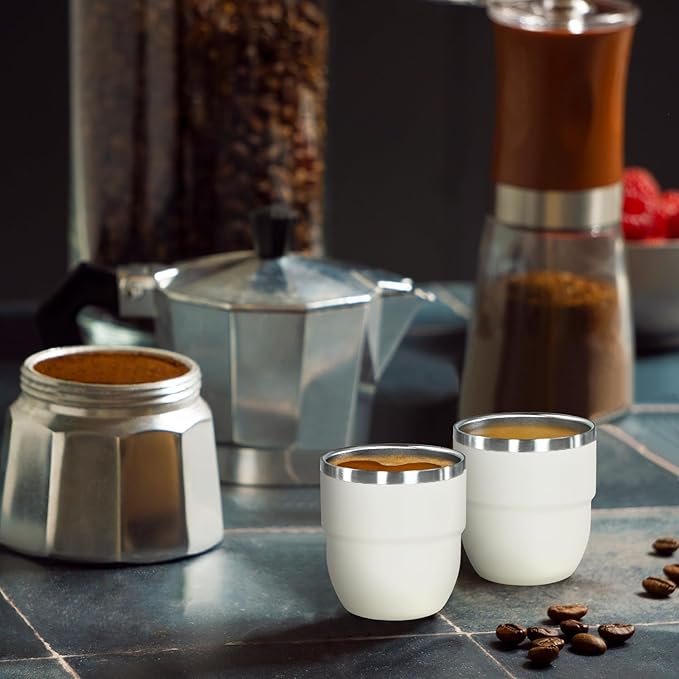 4oz Stackable Cup, Vacuum Insulated Espresso Cup Set of 2, Espresso Shot Glass for Coffee, Double Wall Stainless Steel Mini Tumbler Shot Glasses with Straw and Lid