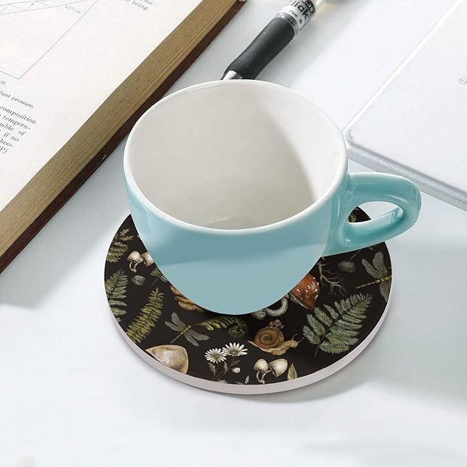 Round-6PCS Botanical Drink Coasters, Round Modern Ceramic Absorbent Coasters, Vintage Plant Botanical Cartoon Mushroom Flower Decor Desk Coffee Table Coaster for Beverage Cup Tea Coasters