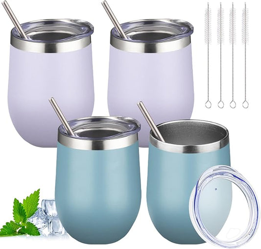 12oz Stemless Wine Tumbler with Lid Double Wall Insulated Wine Cup Stainless Steel Glasses Tumbler with Straw Insulated cocktail Tumbler Coffee Mug for Hot and Cold Beverages (Multicolor-5,4Pack)