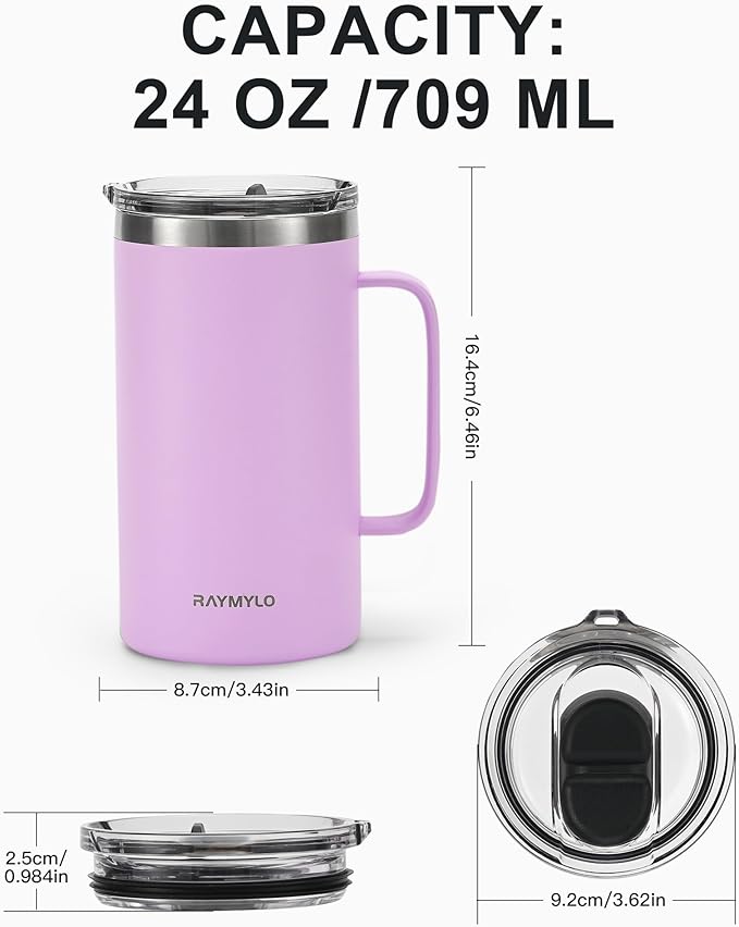 Insulated Coffee Mug 24 oz, Double Wall Stainless Steel Coffee Mug with Lids, Leak-Proof & Detachable Slider Lid for Thorough Clean, Keeps Coffee Cold for 9 Hrs, Suitable for Camp Home Office