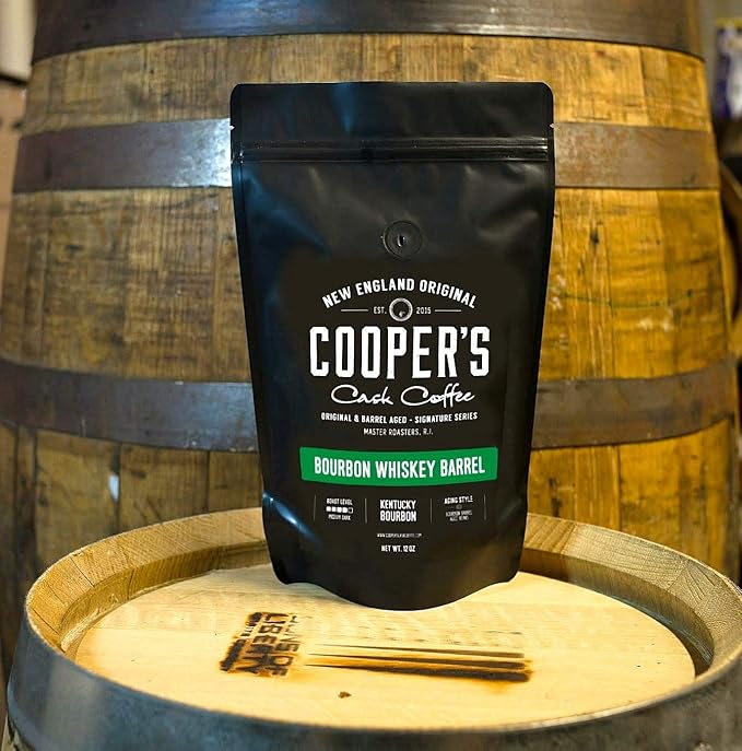 Bourbon Whiskey Barrel Aged Coffee Beans, Ground, Single Origin Colombian Coffee Aged in Kentucky Bourbon Whiskey Barrels - 12 oz Bags