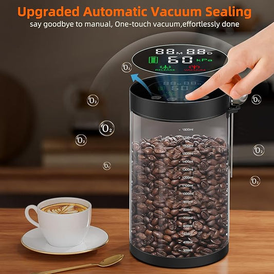 Electric Vacuum Coffee Canister, 2.0L Glass Airtight Food Storage Containers with Smart Pressure Sensor, Automatic Coffee Bean Container Rechargeable with LED Display Window for Kitchen Food Storage