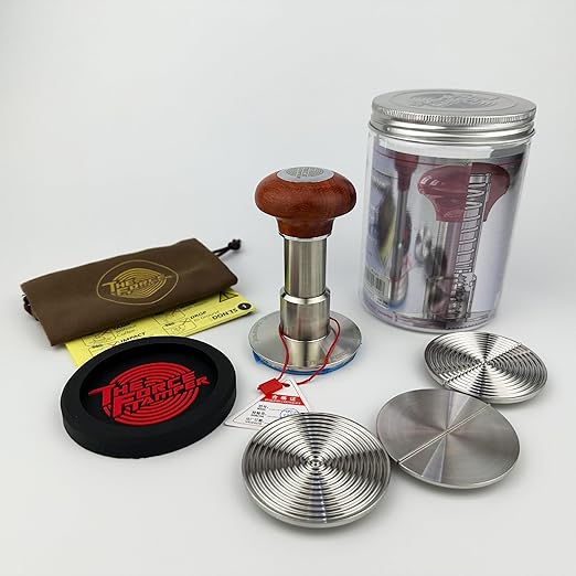 The Force Tamper Automatic Impact Adjustable Constant Pressure and Autoleveling Coffee Tamper Reddish Brown Jellyfish Wooden Handle Set Pro (Duo-Distribute Set, 58.35mm)