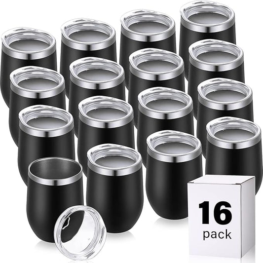 16 Pack Stainless Steel Wine Tumblers 12 oz Insulated Vacuum Wine Cup Set Double Wall Stainless Steel Stemless Mug Glasses for Coffee Soda Whiskey Outdoor Travel (Black)