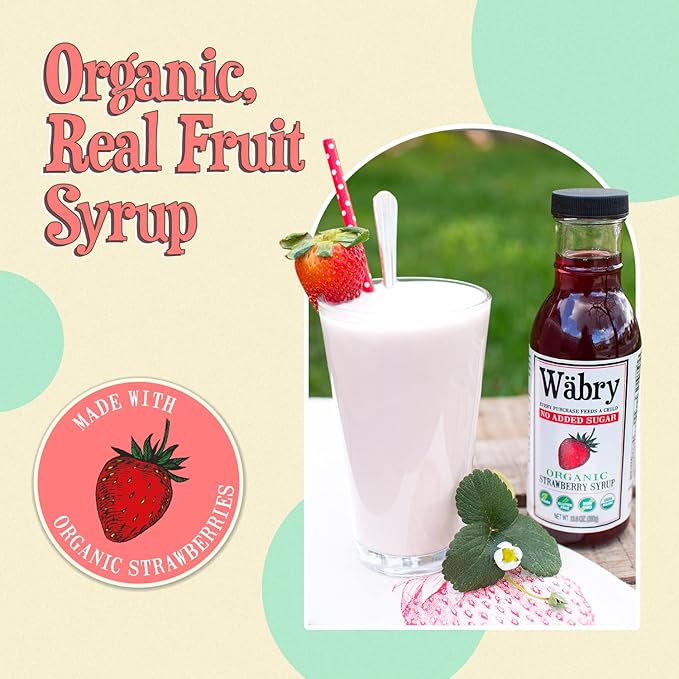 Wäbry Organic Strawberry Syrup No Added Sugar – 13.8oz (390g), Sweetened with Stevia & Erythritol, Natural Fruit Syrups for Drinks, Pancakes, Shaved Ice, Ice cream, Non-GMO, Dye-Free Snow Cone Syrup