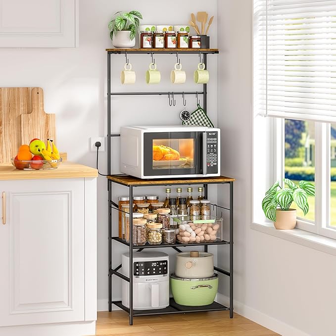 4 Tier Coffee Bar Station, Kitchen Stand with 8 S-Shaped Hooks, Large Space Coffee Station Table, Farmhouse Coffee Bar Shelf, Bakers Rack for for Kitchen, Living Room, 23.62" W x 15.74" D x 57.13" H