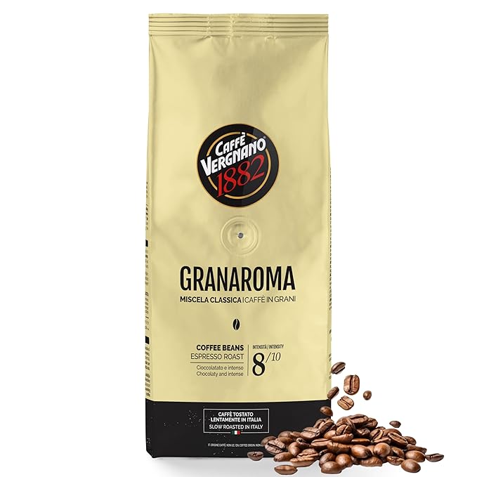 Caffe Vergnano 1882 Gran Aroma Whole Bean Arabica Medium Espresso Roast Coffee, 2.2lbs Bag - Italian Coffee Beans with Rich notes of Cocoa, Spices & Dried Fruit, Intensity 8/10-1000g Bag (2 Pk)