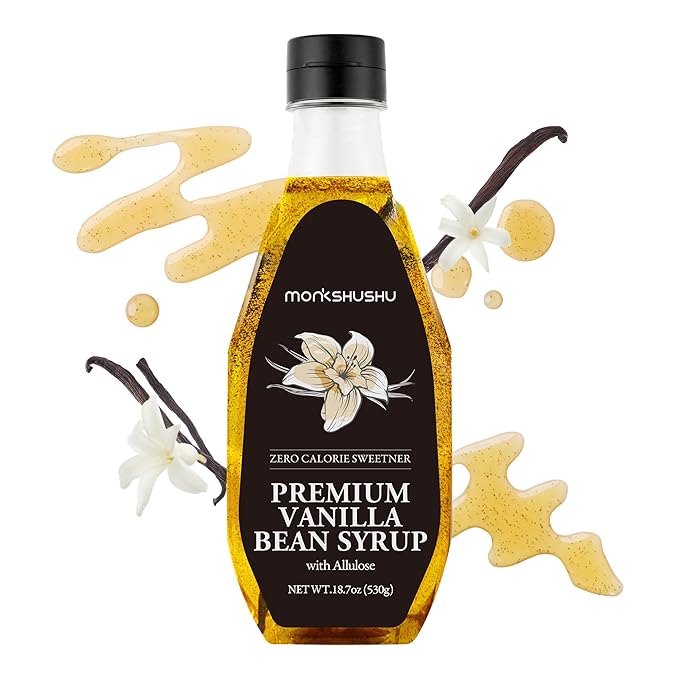 MONKSHUSHU Premium Vanilla Bean Allulose Syrup 18.7 Fl Oz - Natural Vanilla Flake inside, Keto Diet, Vegan, Diabetes-Safe, Zero Calorie Sugar Substitute, Gluten Free, 0g Net Carbs