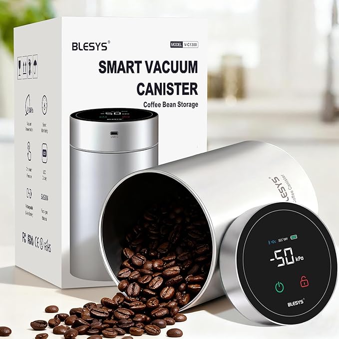 Smart Vacuum Coffee Canister, Automatic Stainless Steel Food Storage Container, LCD Monitoring, One-touch Freshness, Date Tracker, Extra-long Standby Time, holds 16oz Coffee Beans (Silver, 1.3L)