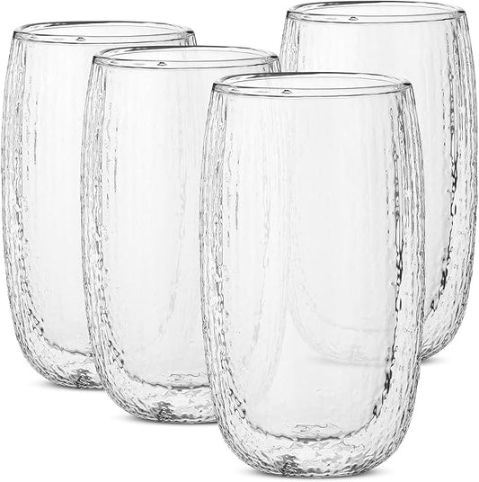 BTaT- Double Walled Glasses, 4 Pack, 12 oz (350 ml), Insulated Dotted Glass Cups, Double Wall Drinking Glasses for Iced Tea, Juices, Water, Cocktails, Hot and Cold Beverages