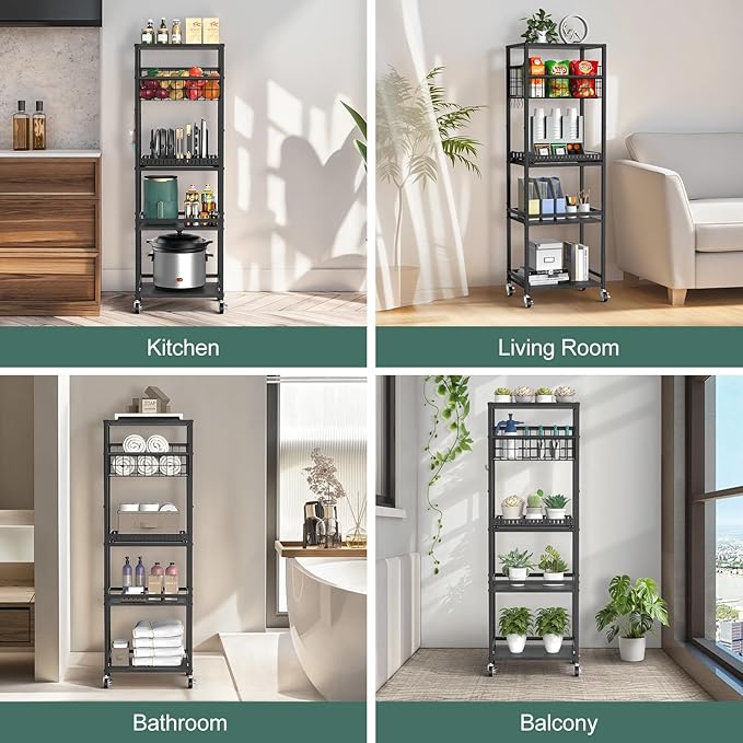 Housolution 5 Tier Kitchen Rolling Cart, Storage Cart with Metal Fruit Vegetable Basket and Pull-Out Pot Lid Cutting Board Organizer, Storage Rack with Wooden Top for Kitchen, Pantry, Bathroom