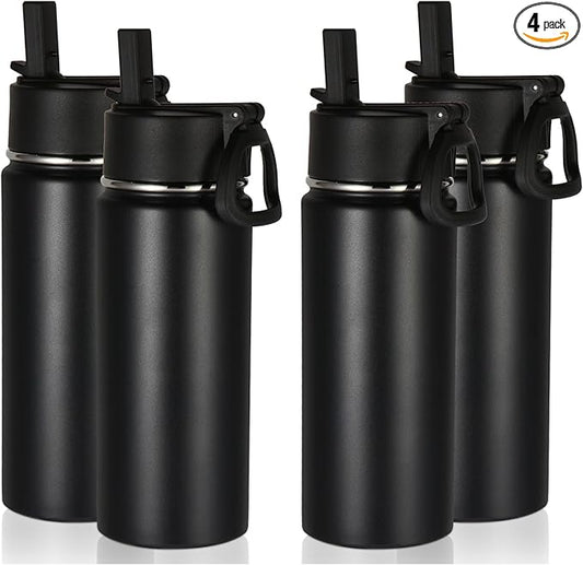 Volhoply 16 OZ Kids Water Bottle Bulk 4 Pack,Insulated Sports Bottles with Straw Lid,Stainless Steel Bottle with Handle Keep Cold & Hot,Double Wall Vacuum Tumbler Cups for School,Girls(Black, 4)
