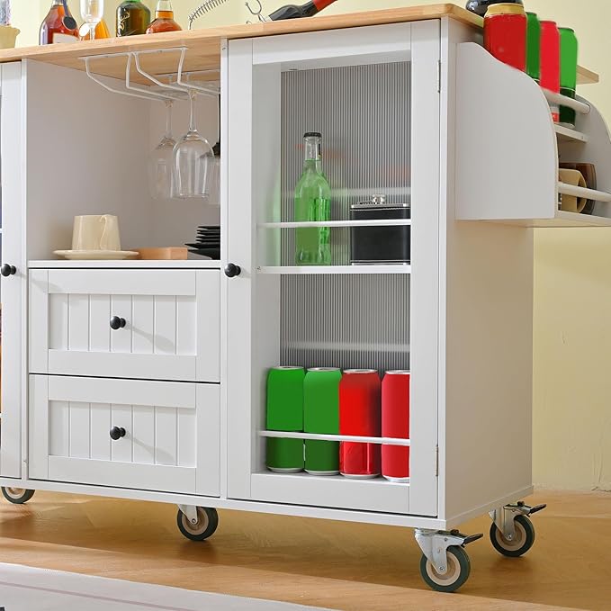 Brrnoo Kitchen Island Cart with Wood, 29.5"" Width Mobile Carts with Storage Cabinet, Rolling Kitchen Table with Spice Rack and Drawer, Portable Islands on Wheels, White