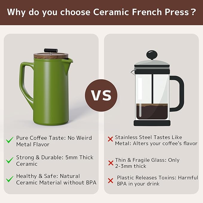 DHPO Ceramic French Press Coffee Maker, 22oz Single Serve Coffee Press with Walnut Wood Lid, Lead-Free, Food Grade Stainless Steel Filter with Dual Screen for Coffee and Loose Tea, Green