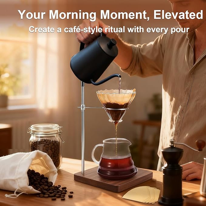 COZYGIFT Pour Over Coffee Maker Stand with American Black Walnut Base, Stainless Steel Adjustable Dripper Holder, Wooden Brewing Station, Cone Brewer Rack, Barista Accessories & Kitchen Coffee Décor