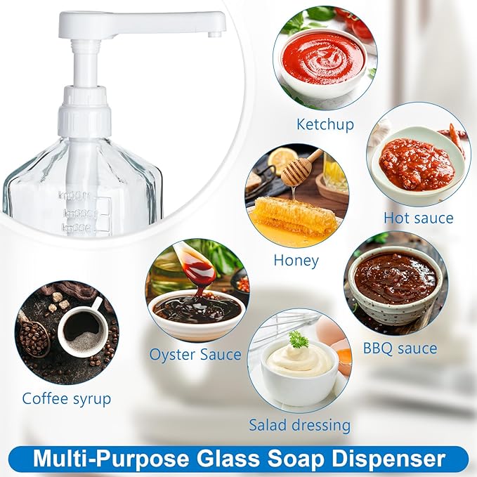 Uceoo Coffee Syrup Dispenser, Glass Syrup Bottle With Plastic Pump, 37 Oz Large Capacity Square Syrup Pump Dispensers for Coffee Bar, Simple Clear Pump Bottle for Honey, Condiments, Salad Dressings