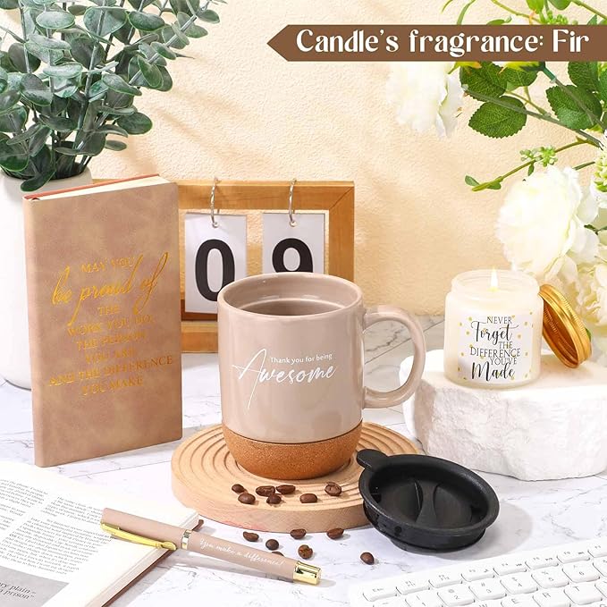 4 Pcs Thank You Gift Set for Men Women Employee Coworker Gifts Inspirational Appreciation Notebook Coffee Mug Scented Candle Pen for Valentine's Day Team Office Staff Nurse Volunteer Teacher