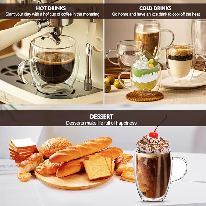 4 Pack Double Walled Glass Coffee Mugs with Bamboo Lid/Spoon, Insulated Coffee Cups with Handle, Cappuccino Latte Glasses Cup, Clear Glass Mugs for Hot Drinks Tea Milk Juice Ice Cream (350ml)