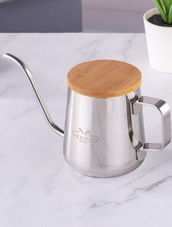 MERMOO YILAN Gooseneck Kettle with Lid Small Pour Over Coffee Kettle 350ml Stainless Steel Goose Neck Kettle Long Spout Tea Pot Travel Pour Over Coffee Maker Mini Camping Drip Coffee Pot