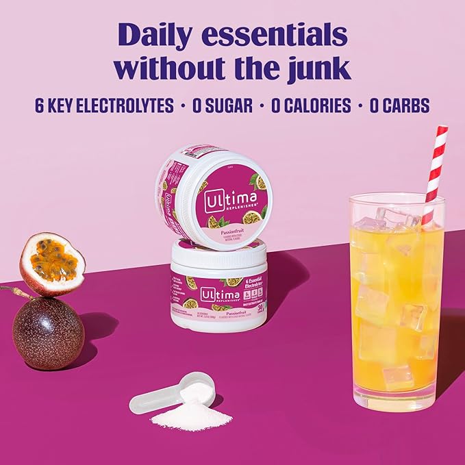 Ultima Replenisher Daily Electrolyte Powder Drink Mix – Sugar Free – Passionfruit, 30 Servings – Hydration Powder with 6 Key Electrolytes and Trace Minerals – Keto Friendly, Non-GMO