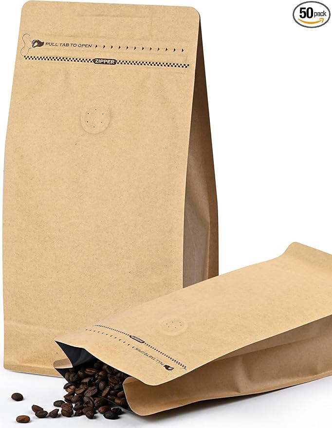 FireKylin 100 PCS Coffee Bags with Valve, (8 oz, 0.5 lb) Paper Stand Up Pouches, Resealable Vented Food Storage Bags Side Zipper (Kraft)