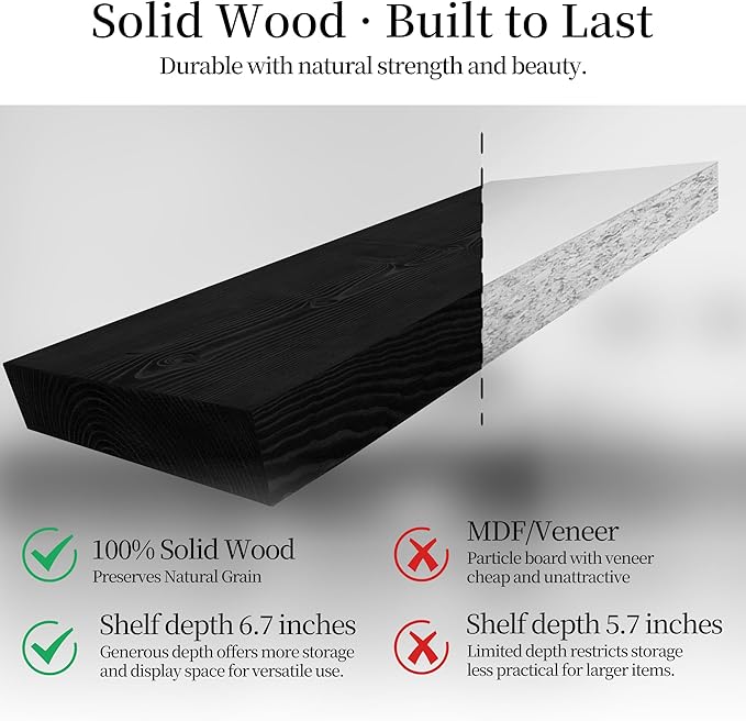 BGMG Wood Floating Shelves 36 inch Long,Wide Rustic Wooden Wall Shelves for Bathroom Living Room Bedroom Kitchen Farmhouse Set of 2-36x6.7x1.25 inch-Black