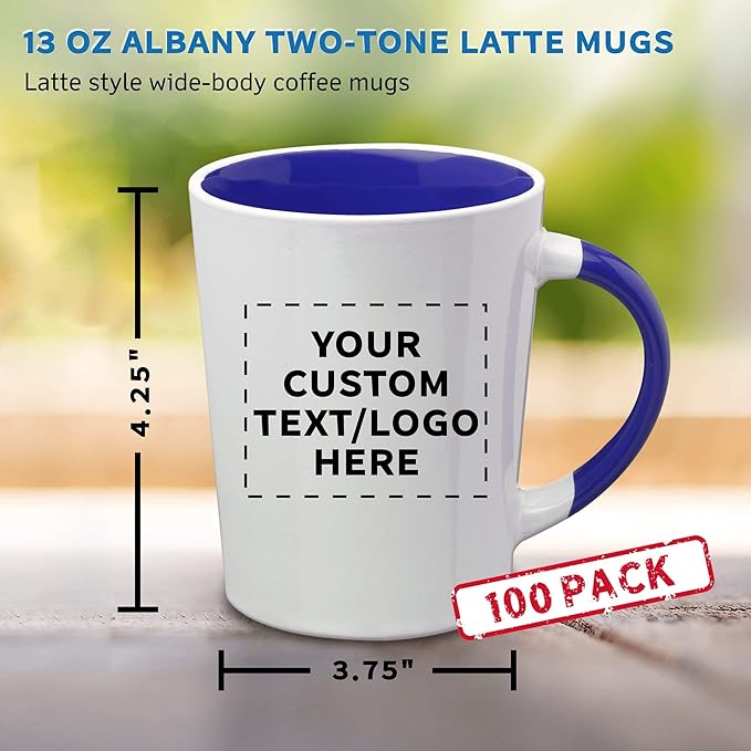 Custom Ceramic Latte Coffee Mugs by Albany 13 oz. Set of 100, Personalized Bulk Pack - Perfect for Coffee, Tea, Espresso, Hot Cocoa, Other Beverages - Cobalt Blue