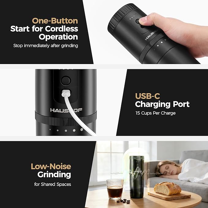 HAUSHOF Portable Coffee Maker, Camping Coffee Makers Travel Mini Coffee Maker, Portable Travel Coffee Maker with Grinder, Personal Cordless Travel Coffee Maker for Car, Camping, and Home
