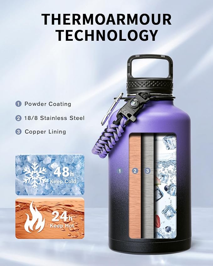 Trebo Water Bottle 64oz with Paracord Handle, Half Gallon Large Vacuum Double Wall Stainless Steel Insulated Water Jug with Holder Strap Straw Spout Lids, Leakproof Keep Cold & Hot,Dark Purple