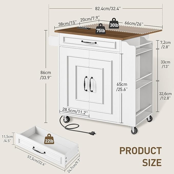 Kitchen Island with Power Outlets & Drop Leaf, Rolling Kitchen Cart on Wheels, Kitchen Storage Island with Spice Rack and Drawer for Kitchen, Dinning Room, White and Walnut