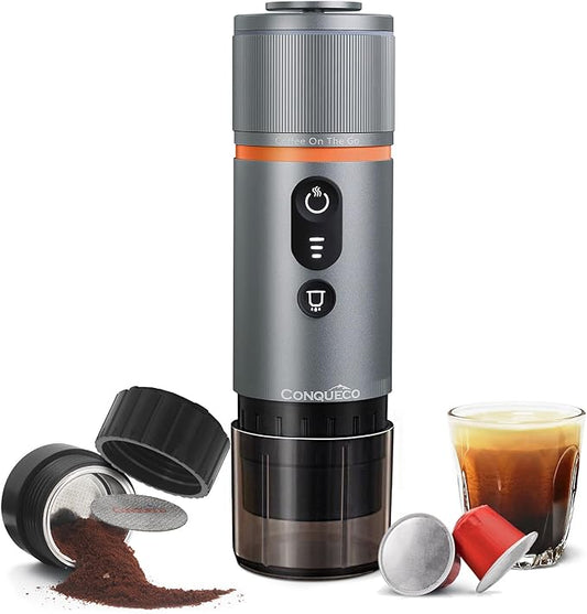 CONQUECO Self-Heating Portable Espresso Machine: Travel Coffee Maker with 13500mAh Battery - 12v Small Electric Fast Heating - Set for Ground Coffee & NS Capsule for RV, Car, Hiking, Office, Camping