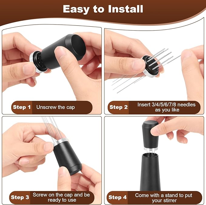 Jeymei WDT Espresso Distribution Tool, 0.35mm 8 Needle Coffee Stirrer with 8 Extra Needles, 304 Stainless Steel, Aluminum Alloy Handle with Stand, Barista Espresso Whisk Tool (Metal Black)