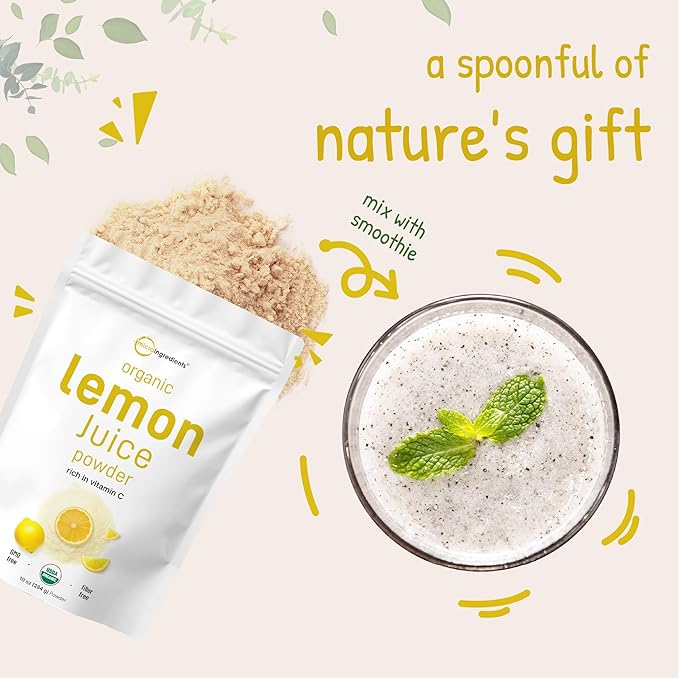 Organic Lemon Juice Powder, 10 Ounce, Cold Pressed Concentrated, Filler Free, Rich in Natural Vitamin C for Immune System Booster, Great Flavor for Soda, Baking and Cooking, Vegan Friendly
