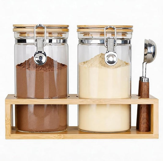 Glass Protein Powder Container Set, 40oz Airtight Collagen Storage Jars with Bamboo Lids & 1 TBSP Measuring Spoons (2 Pack) - Wide Mouth Aesthetic Countertop Dispenser Organizer for Kitchen
