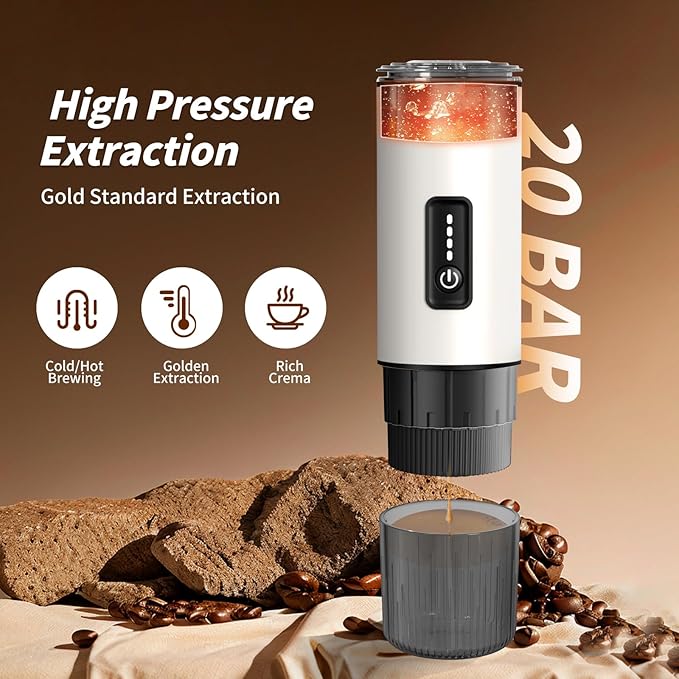 Portable Espresso Maker with Stainless Steel Body | 7500mAh Rechargeable Battery | 20 Bar Self-Heating with USB-C | Works with Most Capsules Compatible for Camping, Travel, Outdoor (White)