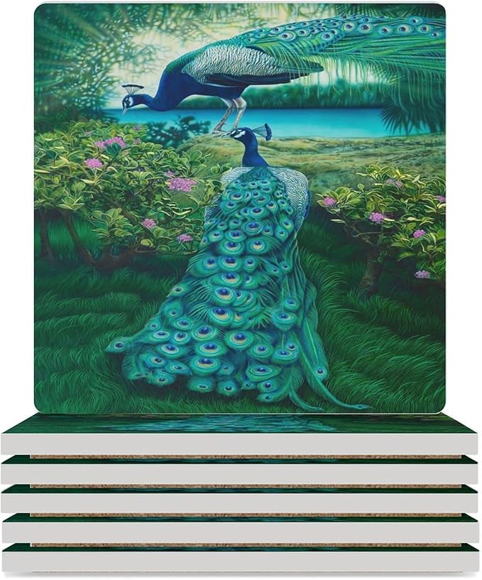 Square-6PCS Peacock Ceramic Coasters, Square Absorbent Drink Coasters, Vintage Tree Branch Beautiful Plant Floral Green Peacock Ceramic Table Coasters for Coffee, Beverage, Wine, Beer Coasters