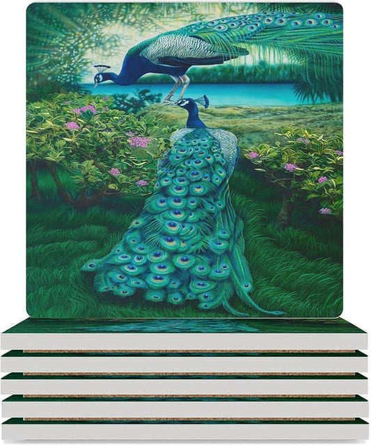 Square-6PCS Peacock Ceramic Coasters, Square Absorbent Drink Coasters, Vintage Tree Branch Beautiful Plant Floral Green Peacock Ceramic Table Coasters for Coffee, Beverage, Wine, Beer Coasters