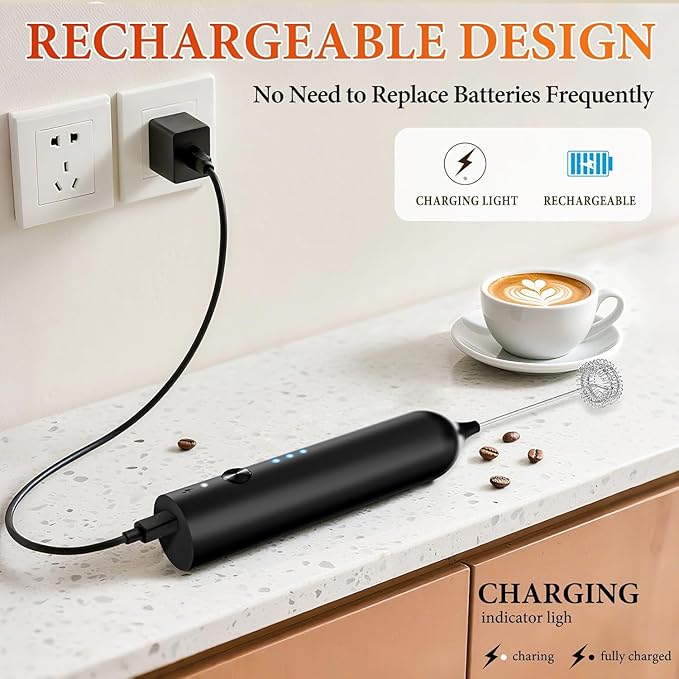 Rechargeable Milk Frother Handheld with 3 Whisk and Stand, 3-Speed Frother Wand, Dual Spring Whisk Coffee Frother and Drink Mixer for Matcha Lattes Cappuccino