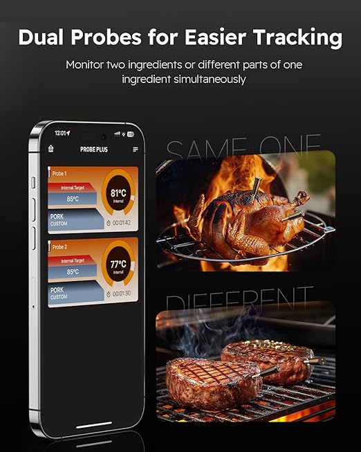 AYMDKI Wireless Meat Thermometer with App Control, 600FT Bluetooth Range, 2 Probes & 6 Sensors, 0.5S Instant Read, LCD Display, IP67 Waterproof Real-Time Monitoring & Smart Alerts for BBQ, Grill, Oven